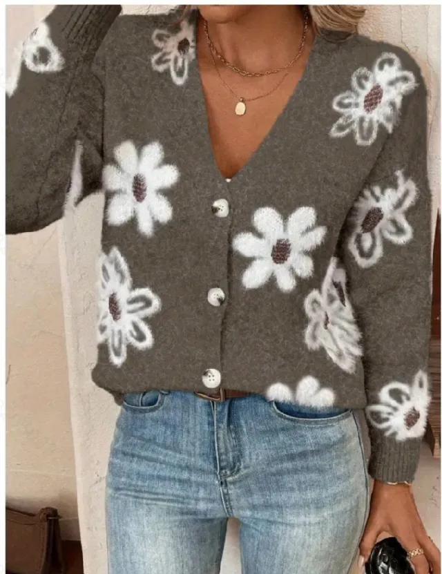 Flowers Print Button Front Cardigan Dark Grey - Shop at LoveMi