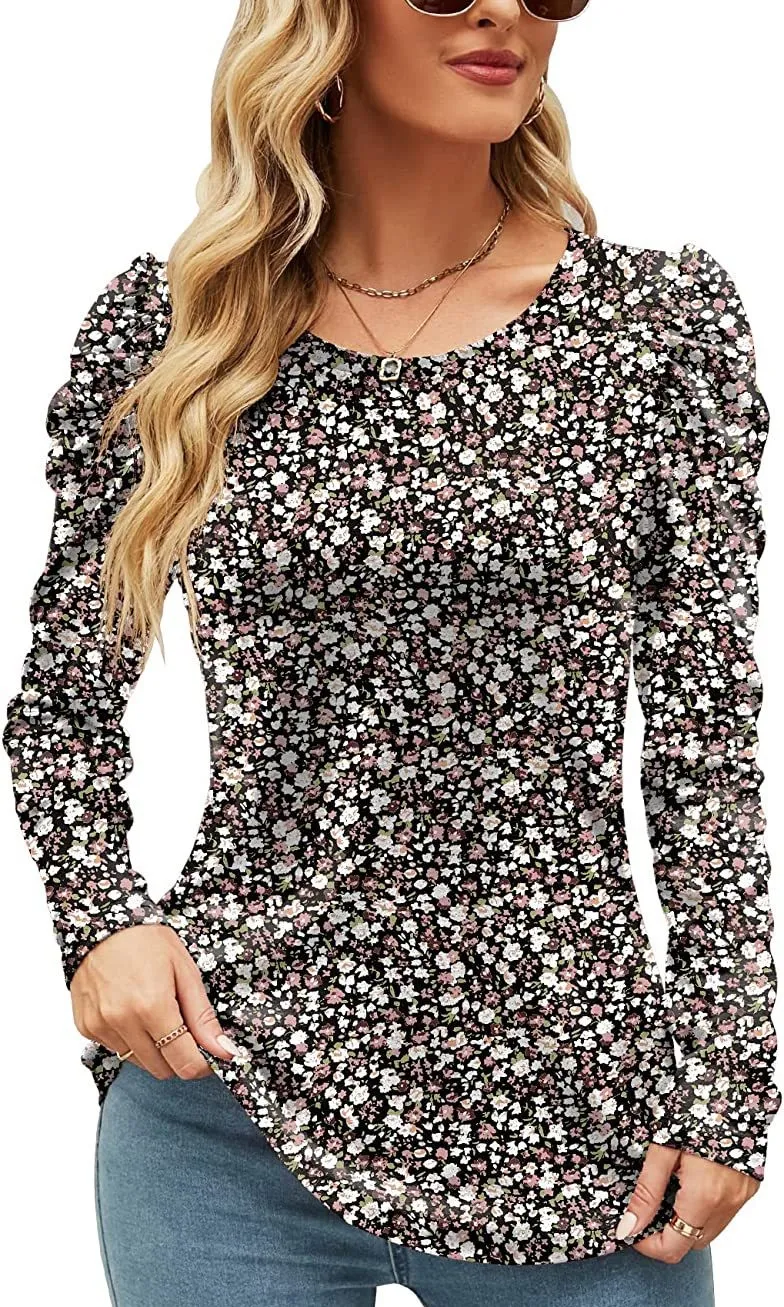 Printed Round Neck Long Sleeve Waist Top - Color 4-Xl
