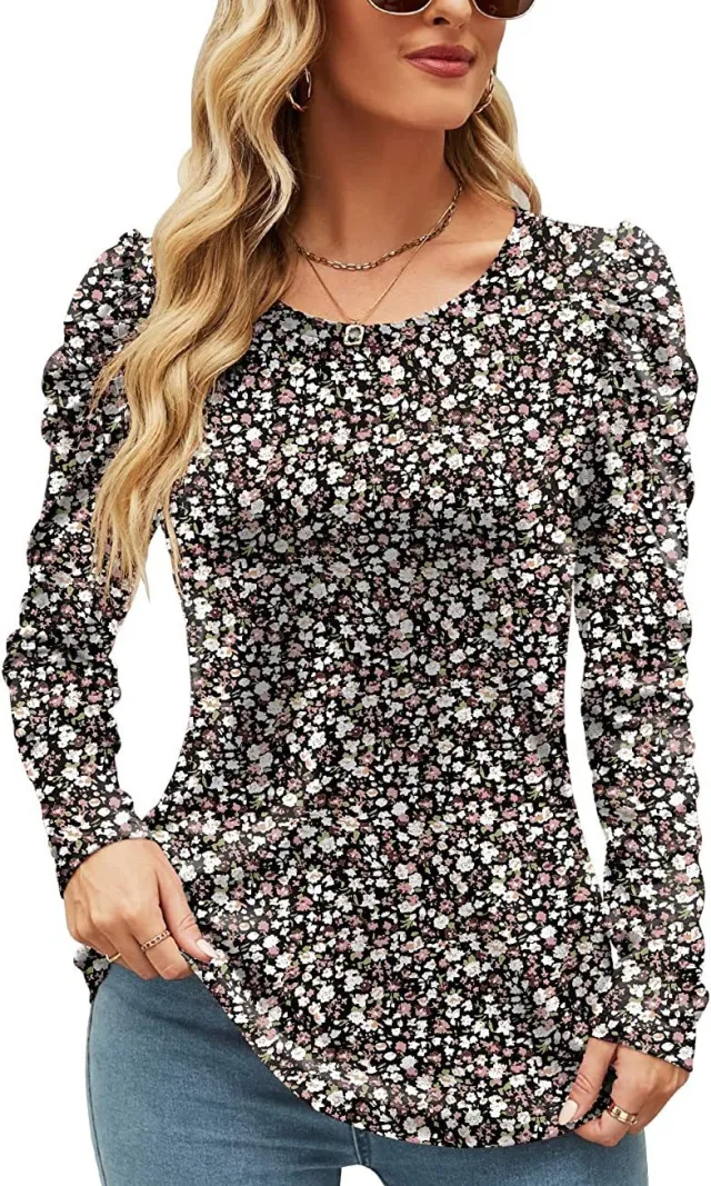 Printed Round Neck Long Sleeve Waist Top Color 4 Xl - Shop at LoveMi