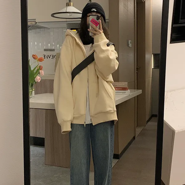 Loose And Hooded Cardigan Sweater Coat Thickened Lazy Casual Style Custard - Shop at LoveMi