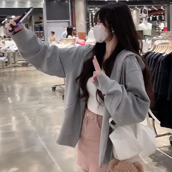 Loose And Hooded Cardigan Sweater Coat Thickened Lazy Casual Style Light Gray - Shop at LoveMi