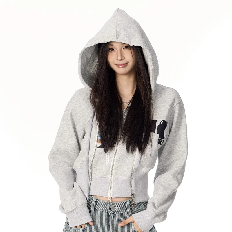 Fake Two Pieces Women's Hooded Sweater Letter Coat - Flower Gray