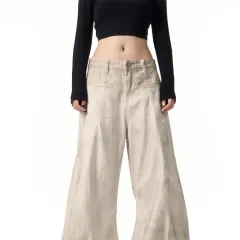 Retro Distressed Dirty White Wide Leg Pants Casual Trousers - Dirty White - View 1