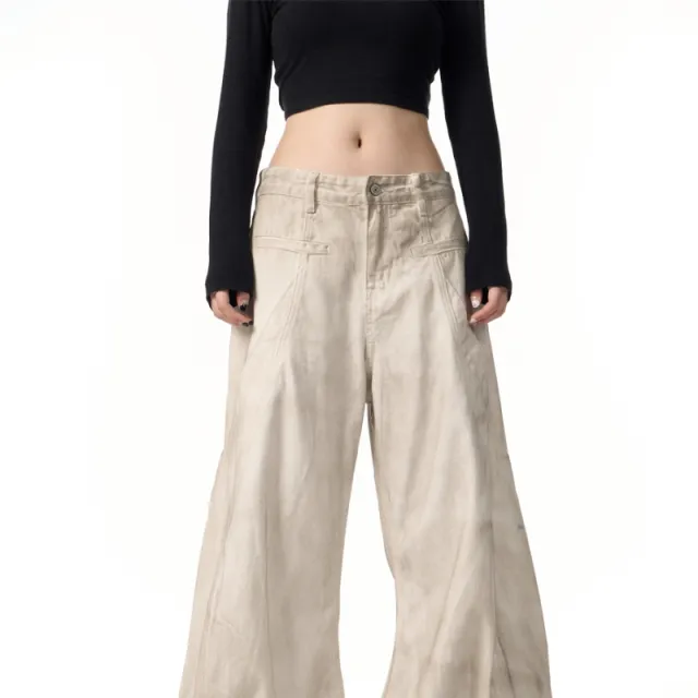 Retro Distressed Dirty White Wide Leg Pants Casual Trousers Dirty White - Shop at LoveMi
