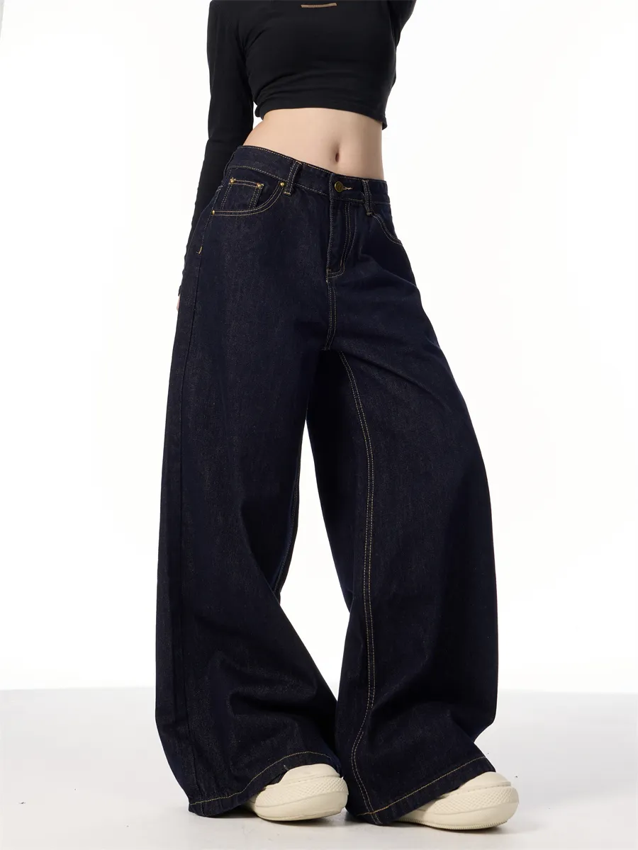 American Retro Wide Leg Dark Blue Jeans - Blue