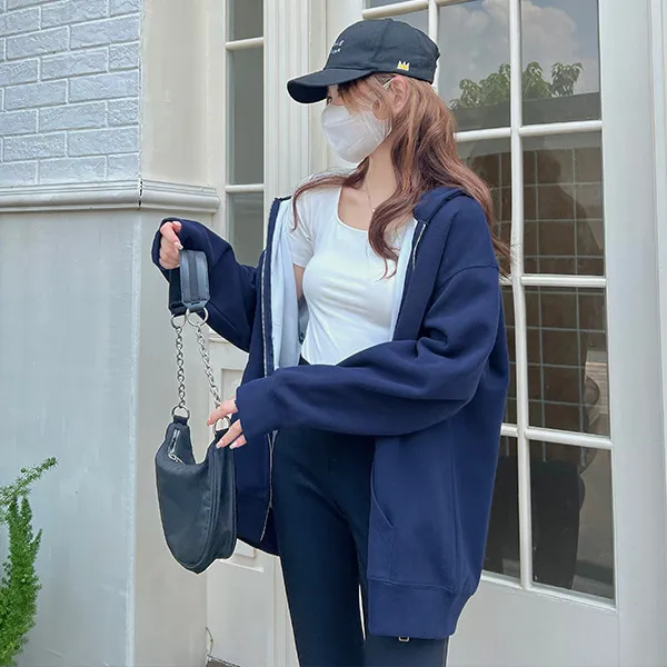 Loose And Hooded Cardigan Sweater Coat Thickened Lazy Casual Style - Dark Blue