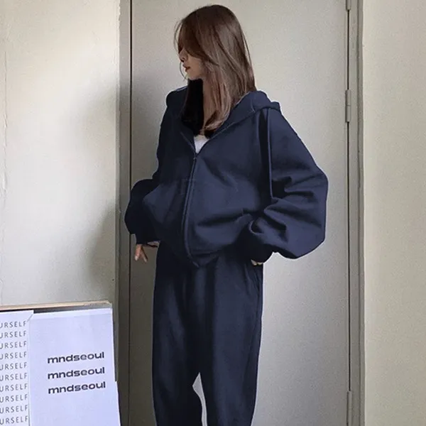 Loose And Hooded Cardigan Sweater Coat Thickened Lazy Casual Style Navy Blue With Velvet - Shop at LoveMi