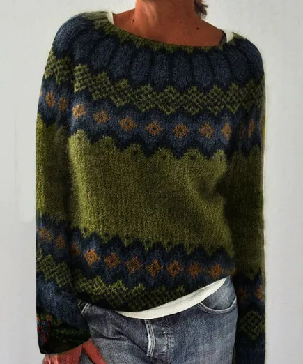 Women's Round Neck Multicolor Loose Fashion Pullover Sweater - Green - View 1