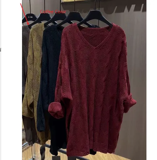 Women's Long Sleeved Knitted Vneck Sweater - Coffee