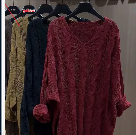 Women's Long Sleeved Knitted Vneck Sweater Yellow - Shop at LoveMi