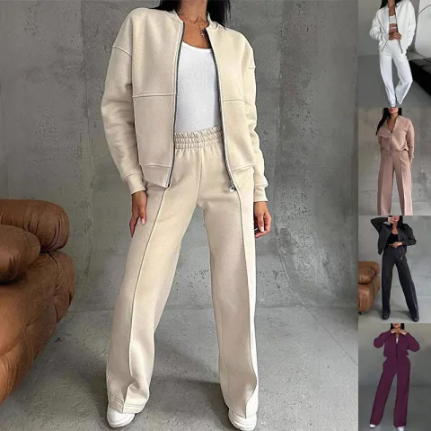 Women's Sports Suits Zipper Jacket and Wide Leg Pants