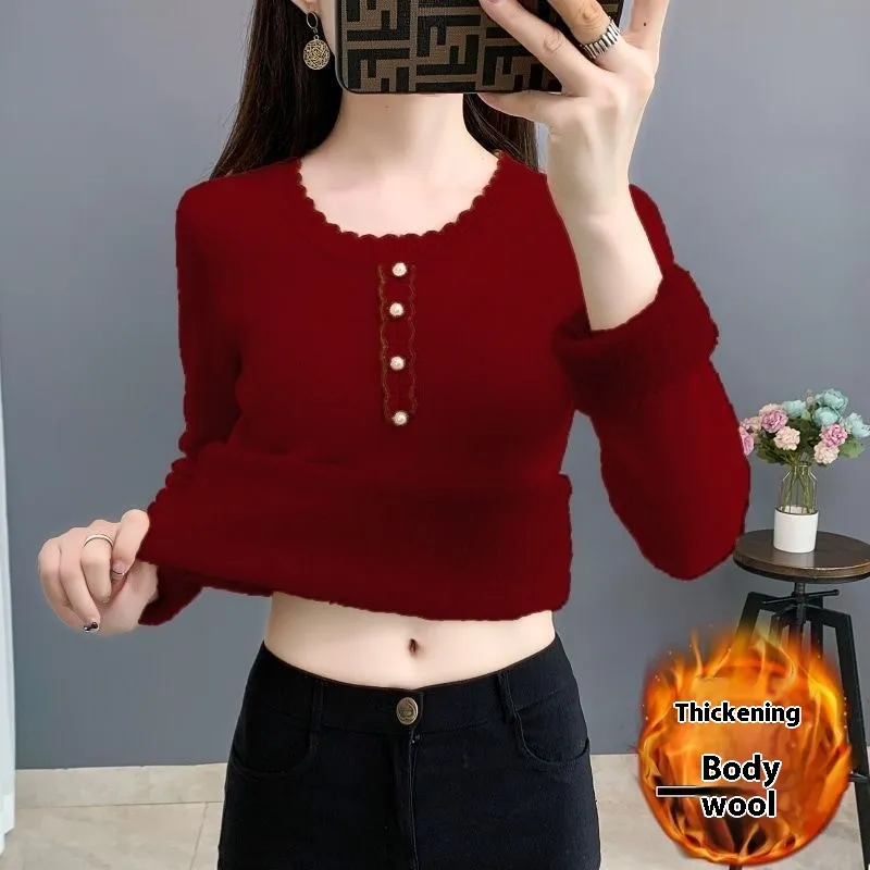 Fleece-lined Thickened Round Neck Sweater Women's Autumn And Winter Integration - Purplish Red