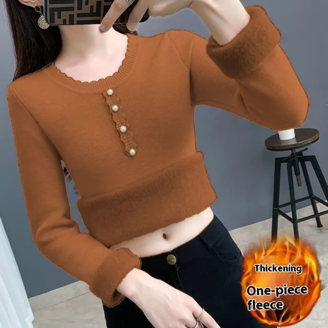 Fleece lined Thickened Round Neck Sweater Women's Autumn And Winter Integration Caramel Color Xl - Shop at LoveMi