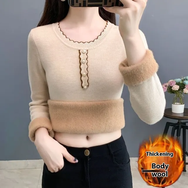 Fleece lined Thickened Round Neck Sweater Women's Autumn And Winter Integration Apricot - Shop at LoveMi