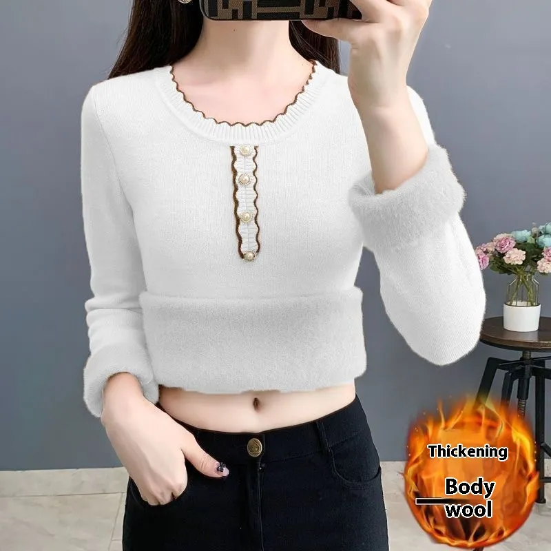 Fleece-lined Thickened Round Neck Sweater Women's Autumn And Winter Integration - White