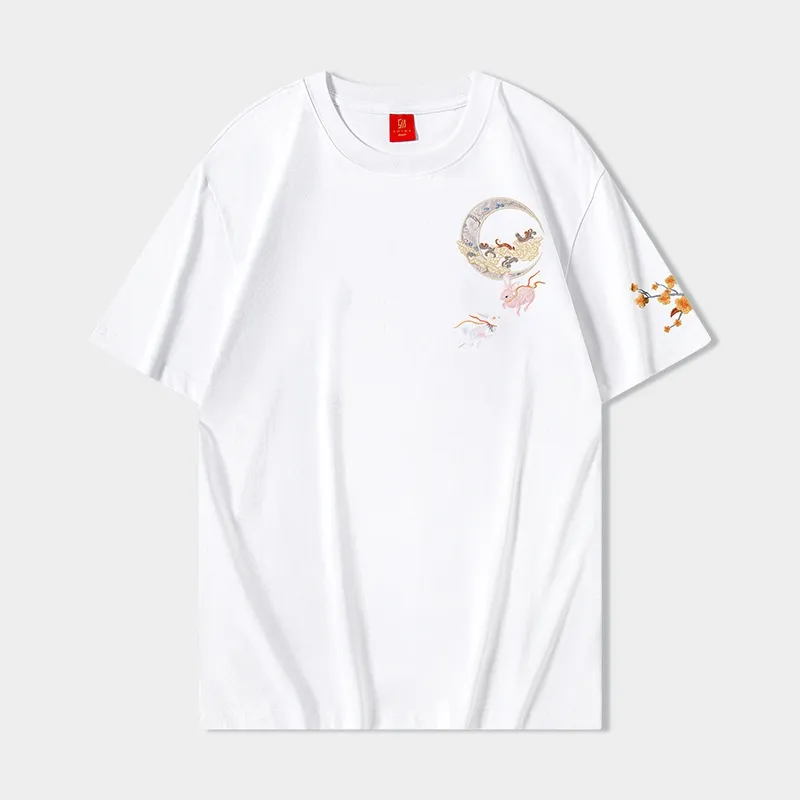 Short Sleeve Luminous Jade Hare Embroidery Men's Shirt - White