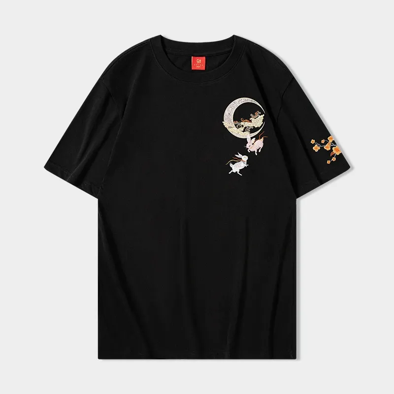 Short Sleeve Luminous Jade Hare Embroidery Men's Shirt - Black