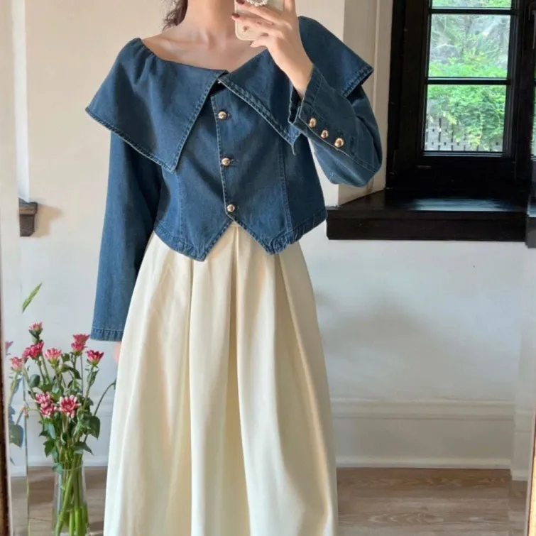 Lapel Long Sleeve Denim Waist-controlled Top Mid-length Skirt - Suit