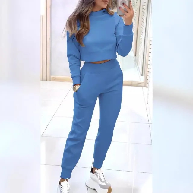 Autumn And Winter Ladies High Collar Slim Fit Long Sleeves Casual Suit Blue - Shop at LoveMi