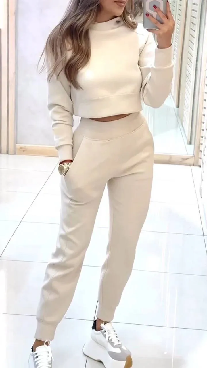 Autumn And Winter Ladies High Collar Slim Fit Long Sleeves Casual Suit - Apricot