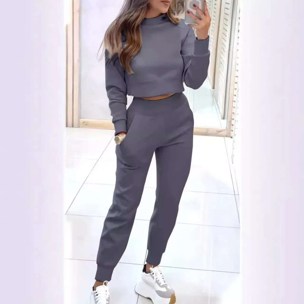 Autumn And Winter Ladies High Collar Slim Fit Long Sleeves Casual Suit - Gray