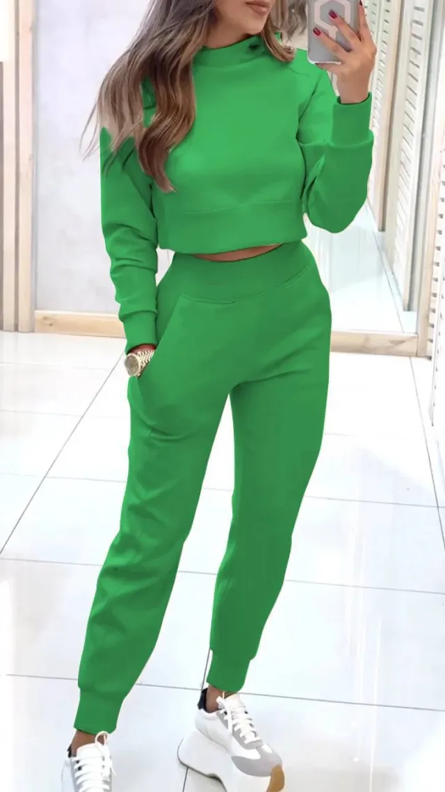 Autumn And Winter Ladies High Collar Slim Fit Long Sleeves Casual Suit Green - Shop at LoveMi