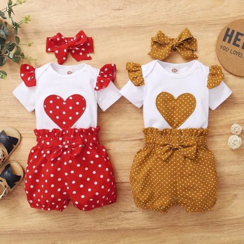 Children's Love Short Sleeves and Dots Headscarf Pajamas