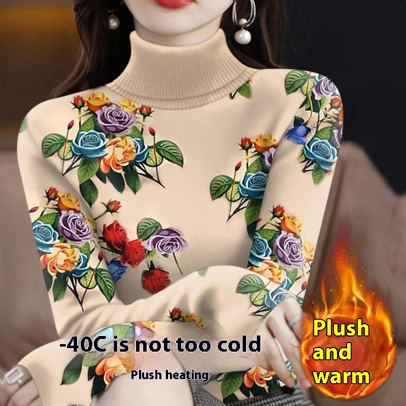 2024 New Autumn/Winter Warm Outerwear Counter Label High Collar Printed Inner T-shirt for Trendy Women