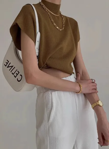 French Retro Half Turtleneck Short Sleeve T shirt For Women Mustard Yellow - Shop at LoveMi