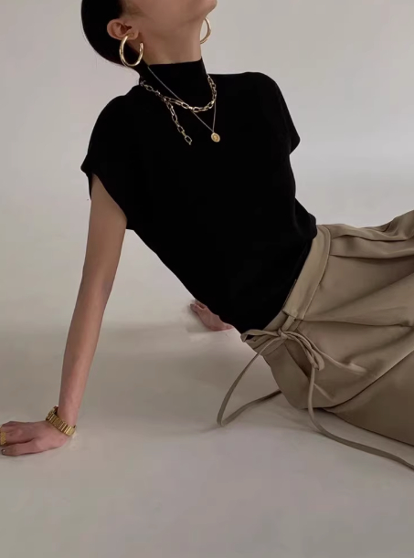 French Retro Half Turtleneck Short Sleeve T shirt For Women Black - Shop at LoveMi