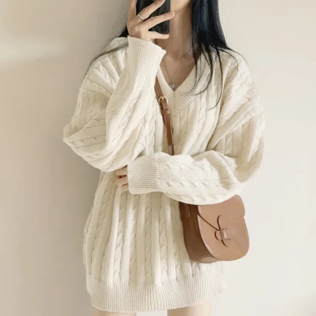 V neck Mid length Sweater Thick Long sleeved Knitted Top Off White Color - Shop at LoveMi