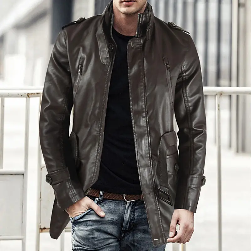 Men's Mid-length Leather Coat Stand Collar Fleece-lined