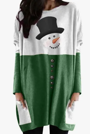 European And American Autumn And Winter Christmas Snowman Printed Long sleeved Bottoming Shirt Flower No. 3 - Shop at LoveMi