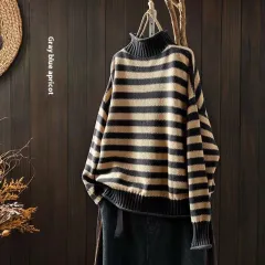 Striped Contrast Colour Mock Neck Sweater - Grey Blue Apricot - View 1