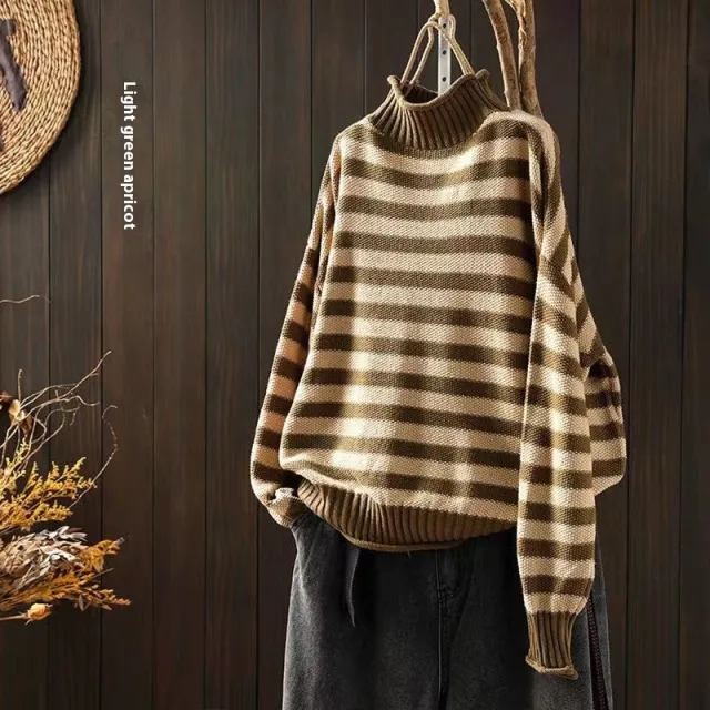 Striped Contrast Color Mock Neck Sweater Light Green Apricot - Shop at LoveMi