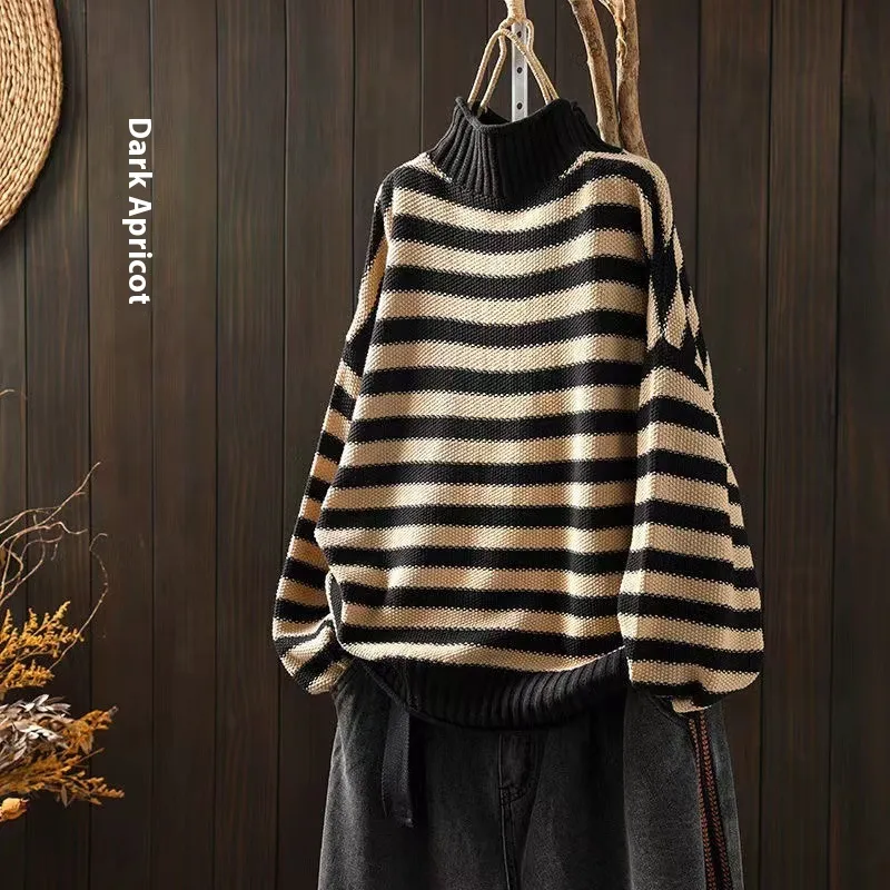 Striped Contrast Color Mock Neck Sweater - Black Apricot