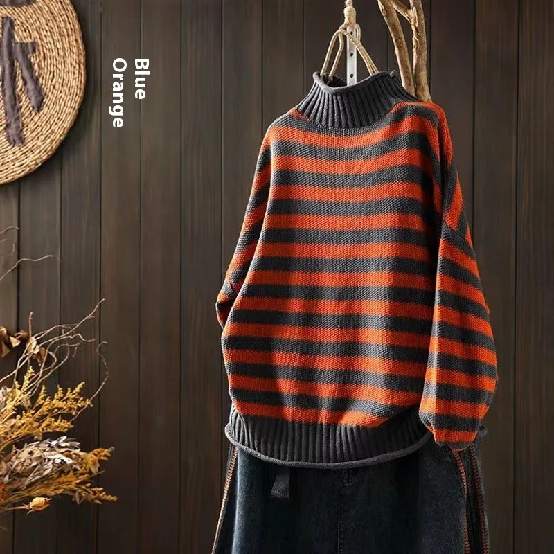 Striped Contrast Colour Mock Neck Sweater - Blue Orange
