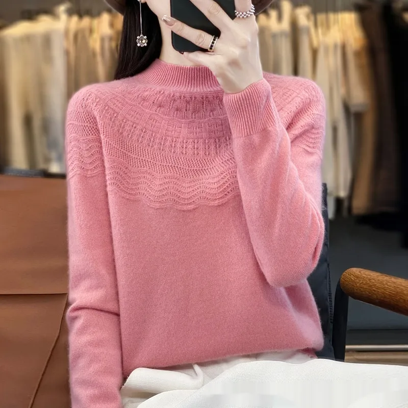 Half Turtleneck Slimming Wool Knitted Bottoming Shirt - Light Pink