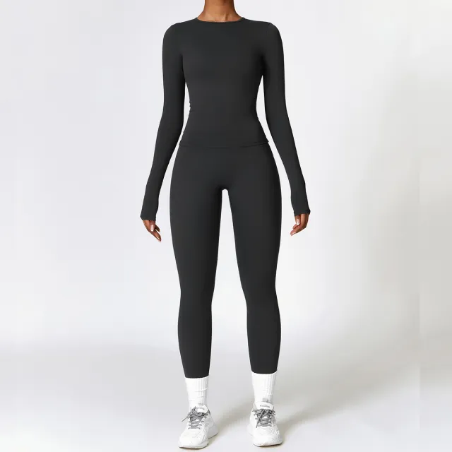 Tight fitting Brushed Yoga Suit Quick drying Fitness Clothes Fitness Long Sleeve Tracksuits Sports Suit Gym Top High Waist Leggings Women Sets Yoga... Black - Shop at LoveMi