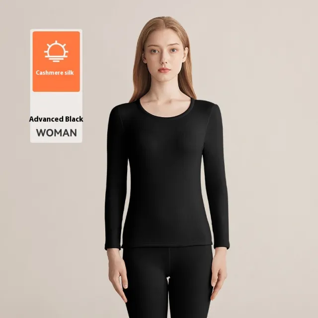 Autumn And Winter Fleece lined Women's Base Shirt Cashmere Silk Long Underwear Suit Black - Shop at LoveMi