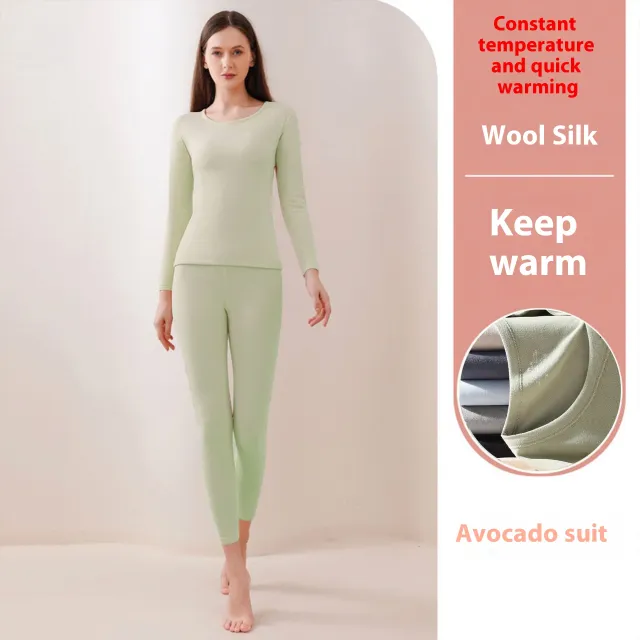 Autumn And Winter Fleece lined Women's Base Shirt Cashmere Silk Long Underwear Suit Green - Shop at LoveMi