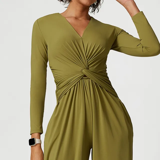 V neck Pleated Design Sense High Slit Yoga Dress Women Olive Oil - Shop at LoveMi