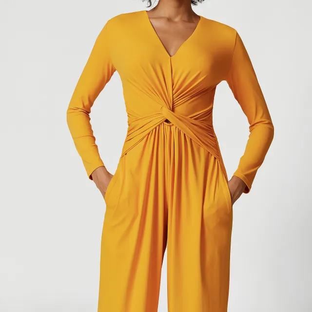 V neck Pleated Design Sense High Slit Yoga Dress Women Autumn Red Maple - Shop at LoveMi