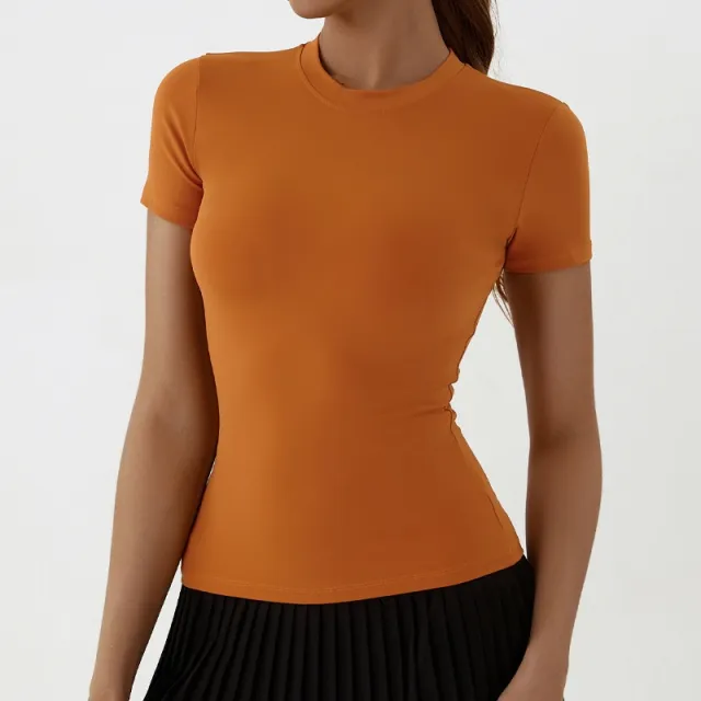 Quick drying Inner Outdoor Sports Fitness Shoulder T shirt Slim Top For Women Summer Earl Orange - Shop at LoveMi