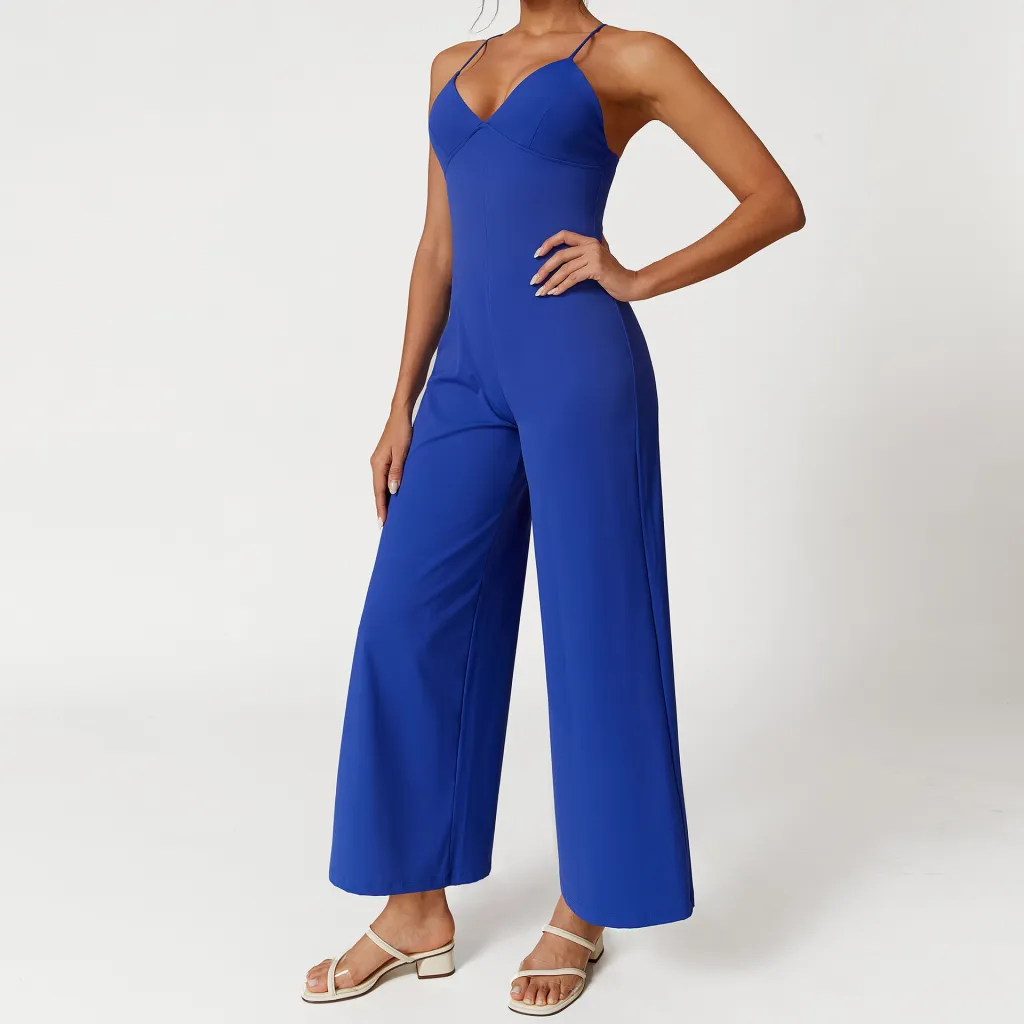 Suspender Lace-up Solid Colour Backless V-neck Casual One-piece Trousers - Blue