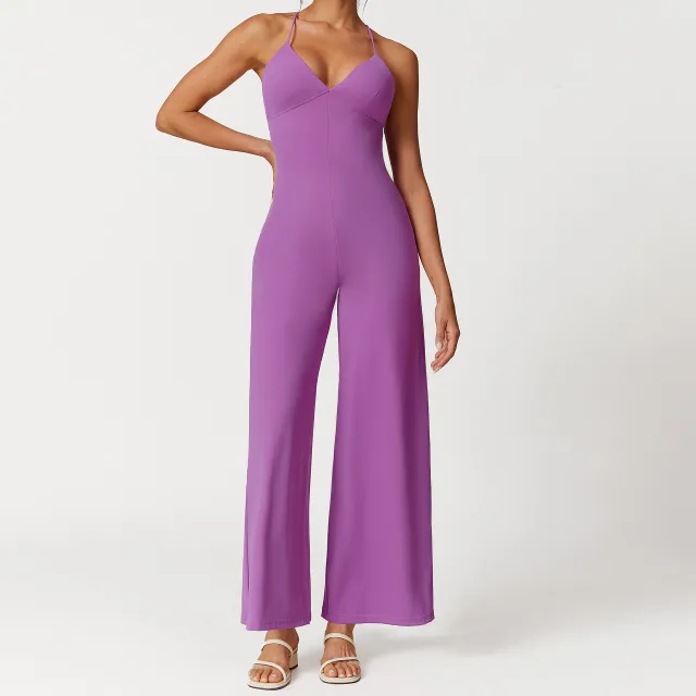 Suspender Lace up Solid Color Backless V neck Casual One piece Trousers Super Bright Purple - Shop at LoveMi