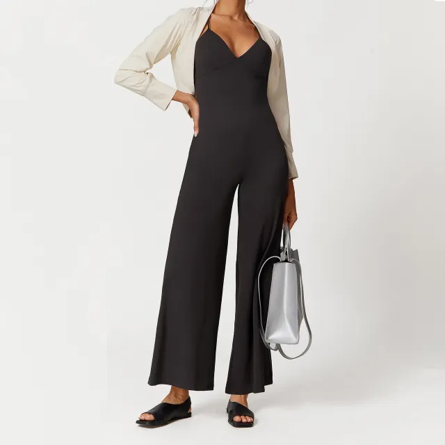 Suspender Lace up Solid Color Backless V neck Casual One piece Trousers Powder Coffee - Shop at LoveMi