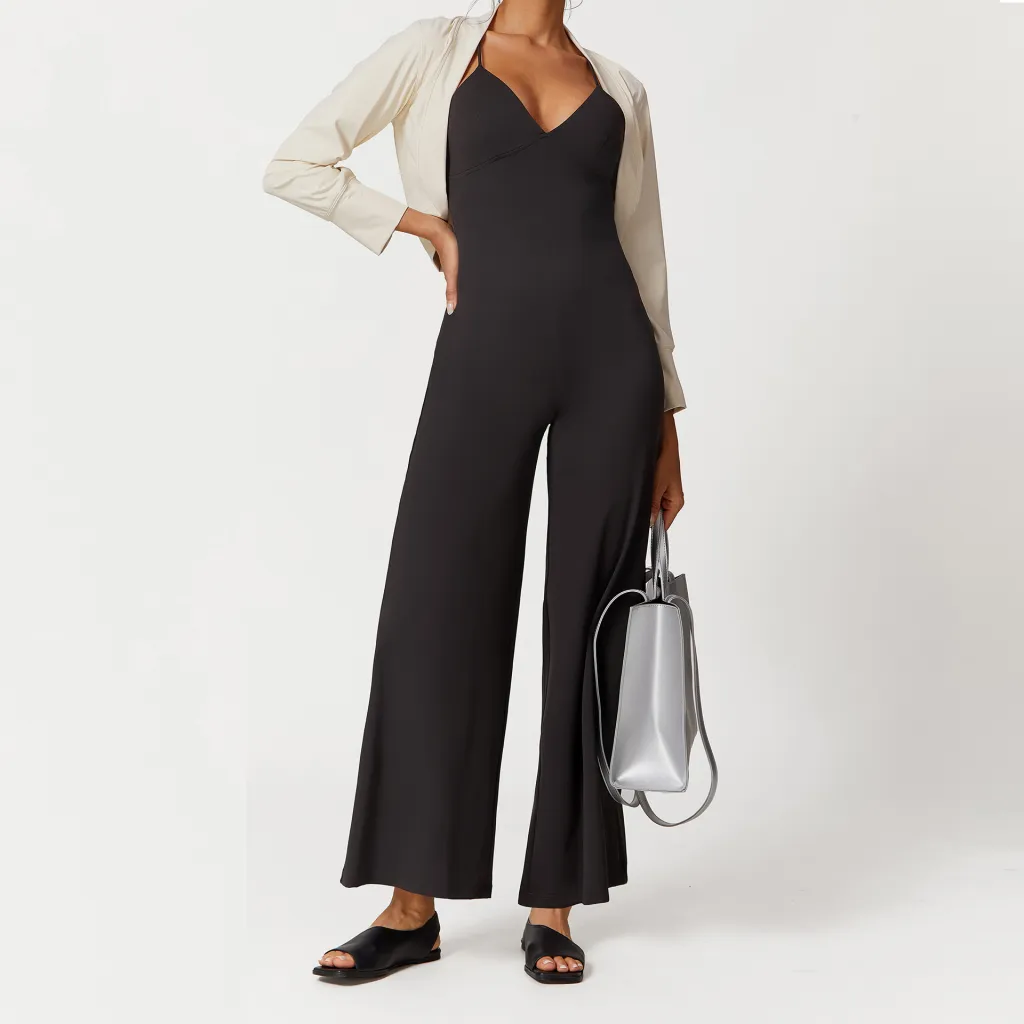 Suspender Lace-up Solid Color Backless V-neck Casual One-piece Trousers - Powder Coffee