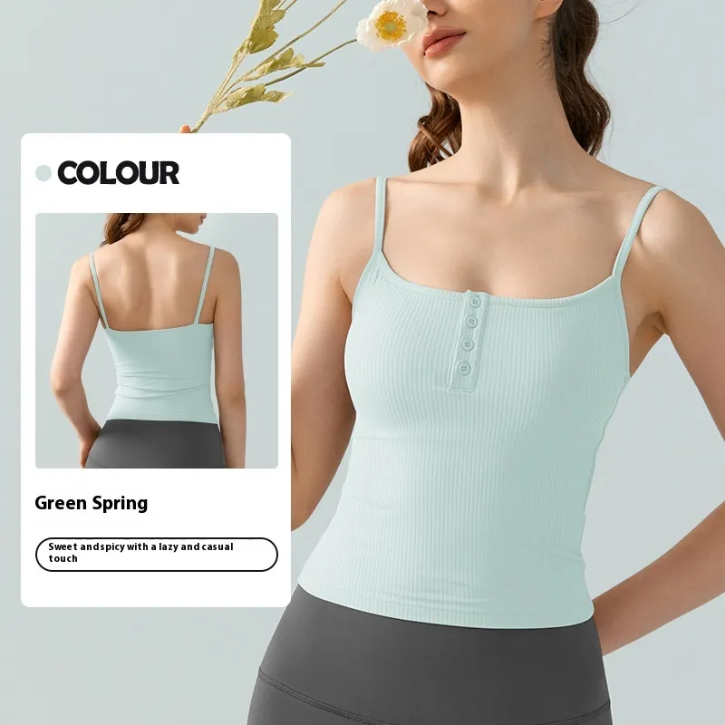 Sexy Square-neck Spaghetti Strap Yoga Vest With Chest Pad - Green Spring
