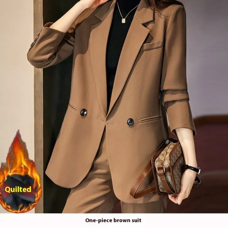 Black Quilted Suit Jacket Women's Business Wear Popular Internet Celebrity Suit - Brown Quilted